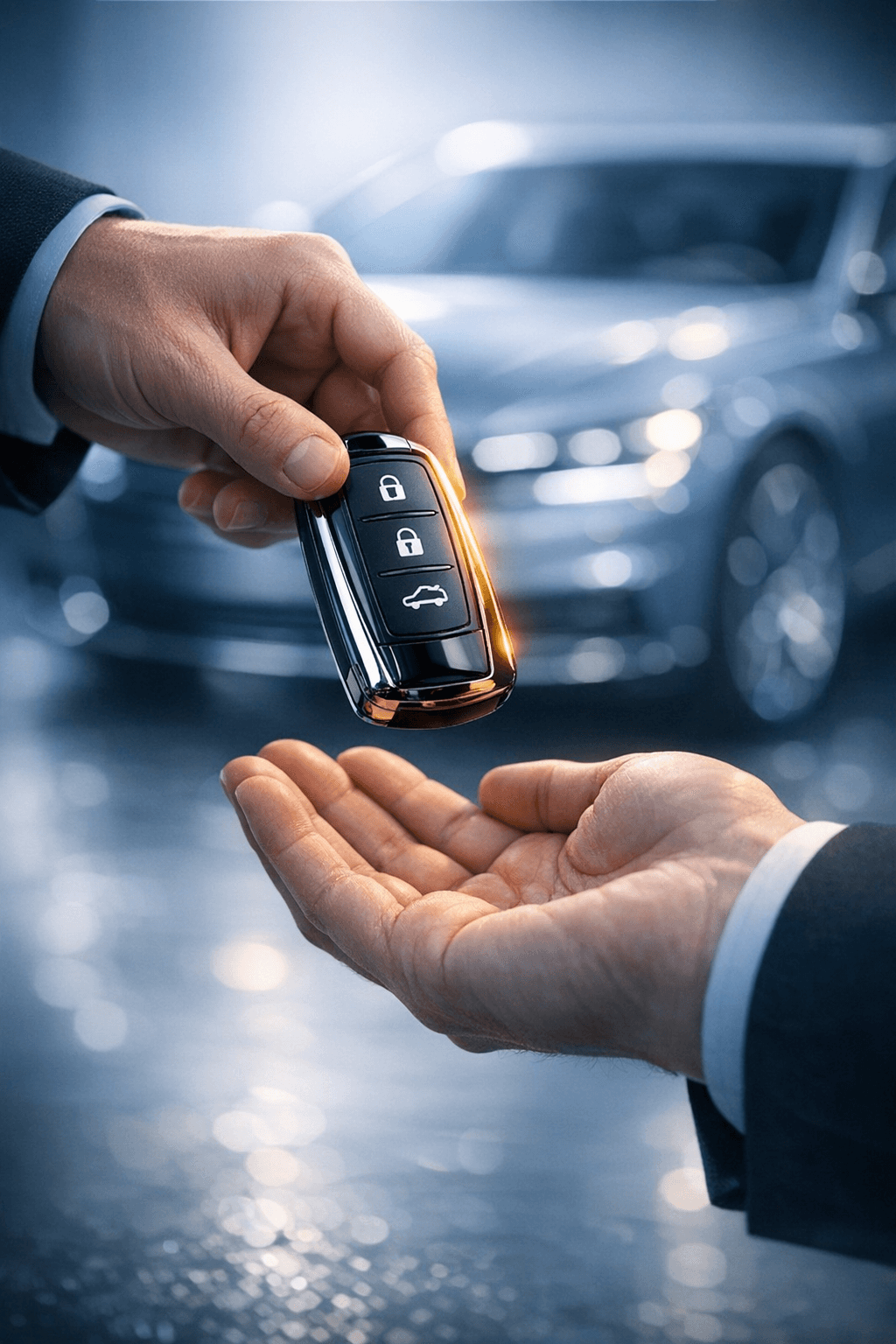 Hand receiving a luxury car key, cool-toned editorial automotive photography