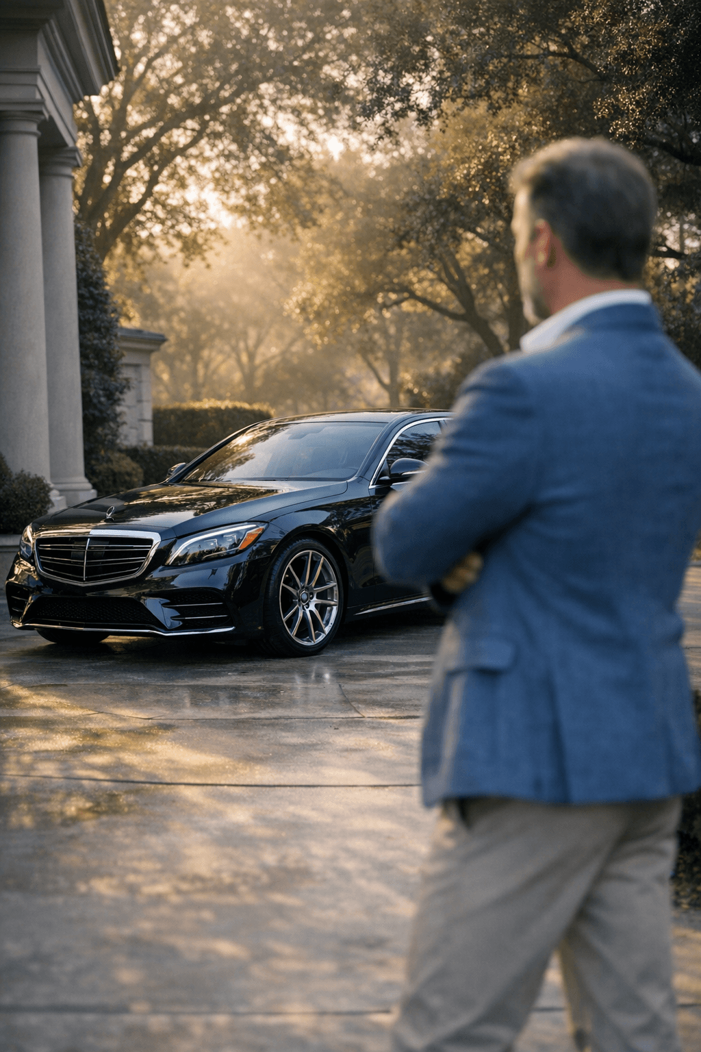 A well-dressed man admiring a luxury black sedan on a quiet upscale driveway on a calm Saturday morning, rendered in a cool glacier blue and steel gray premium palette.