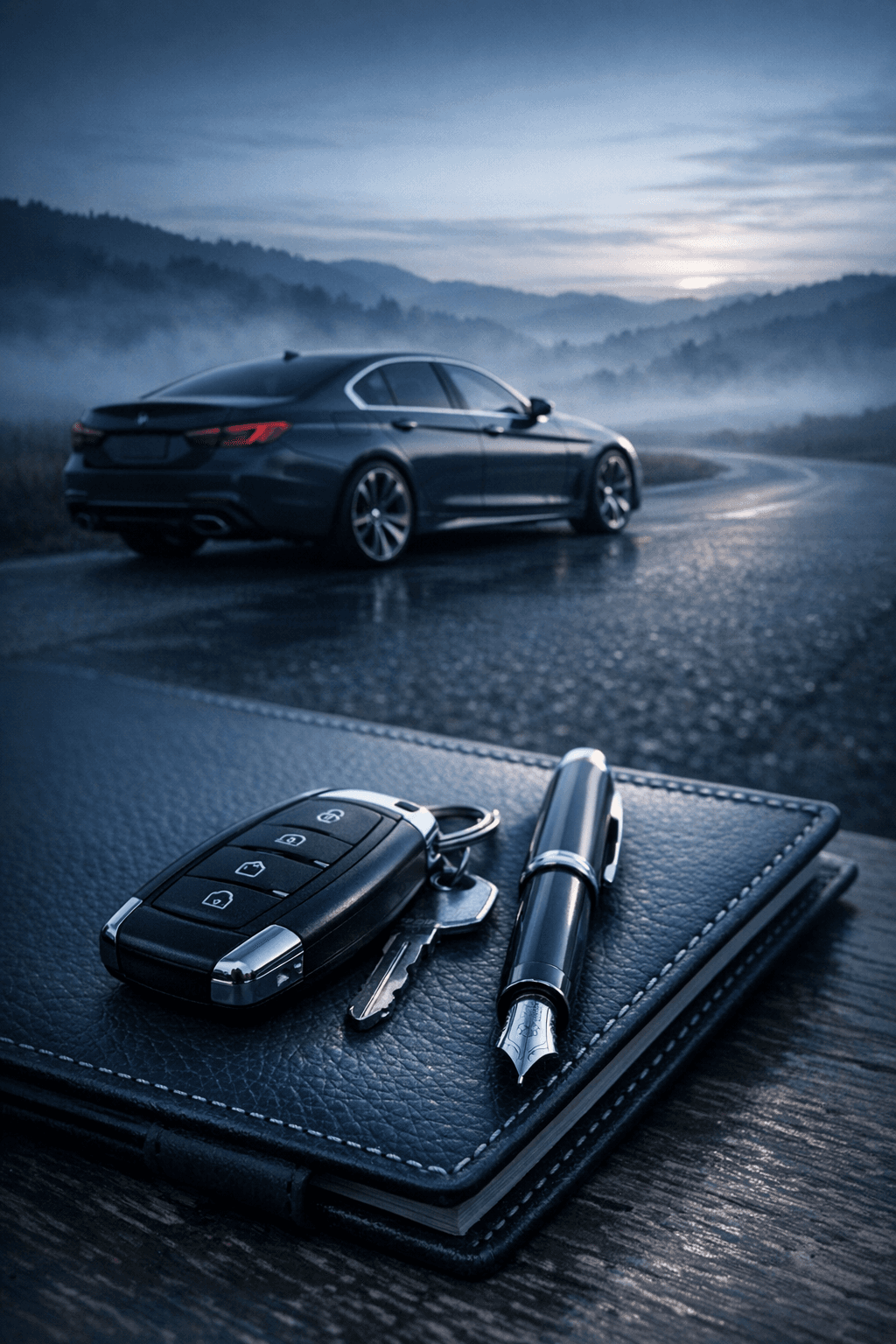 A cinematic portrait image of a luxury dark sedan on a misty open road at dawn, with a set of keys and a leather notepad in the foreground, in a cool blue-gray editorial palette.