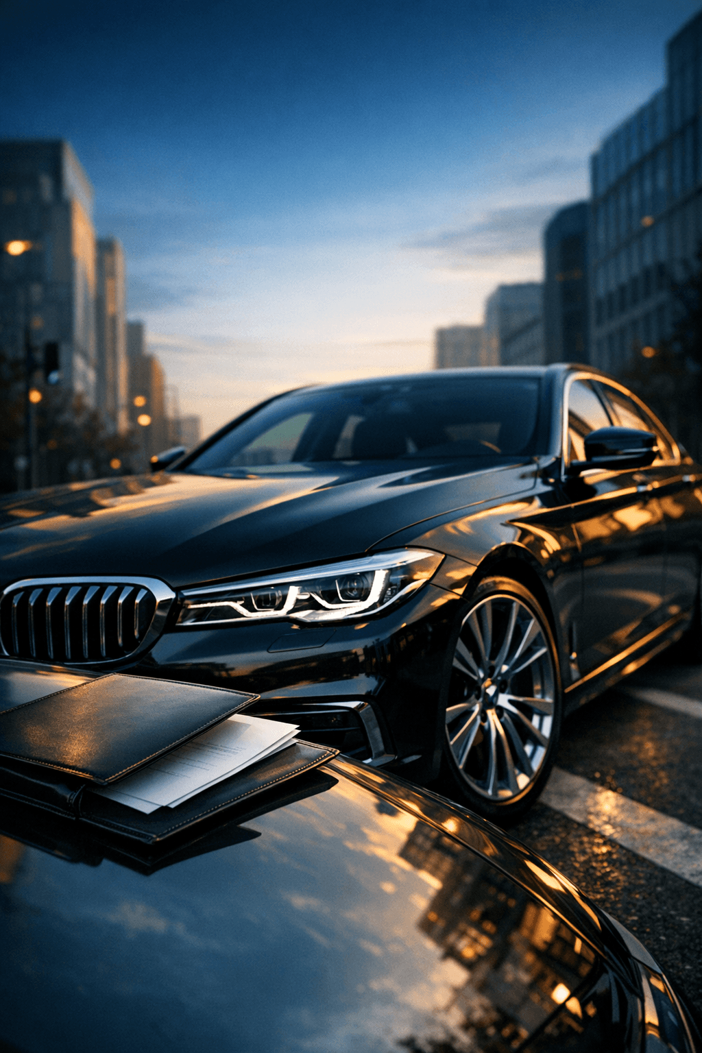 A sleek black luxury sedan parked on a quiet city street at golden hour, with a leather folder resting on the hood, evoking a high-end automotive acquisition deal.