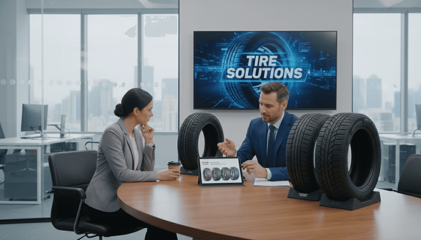 Tire advisor discussing options with client in modern office setting