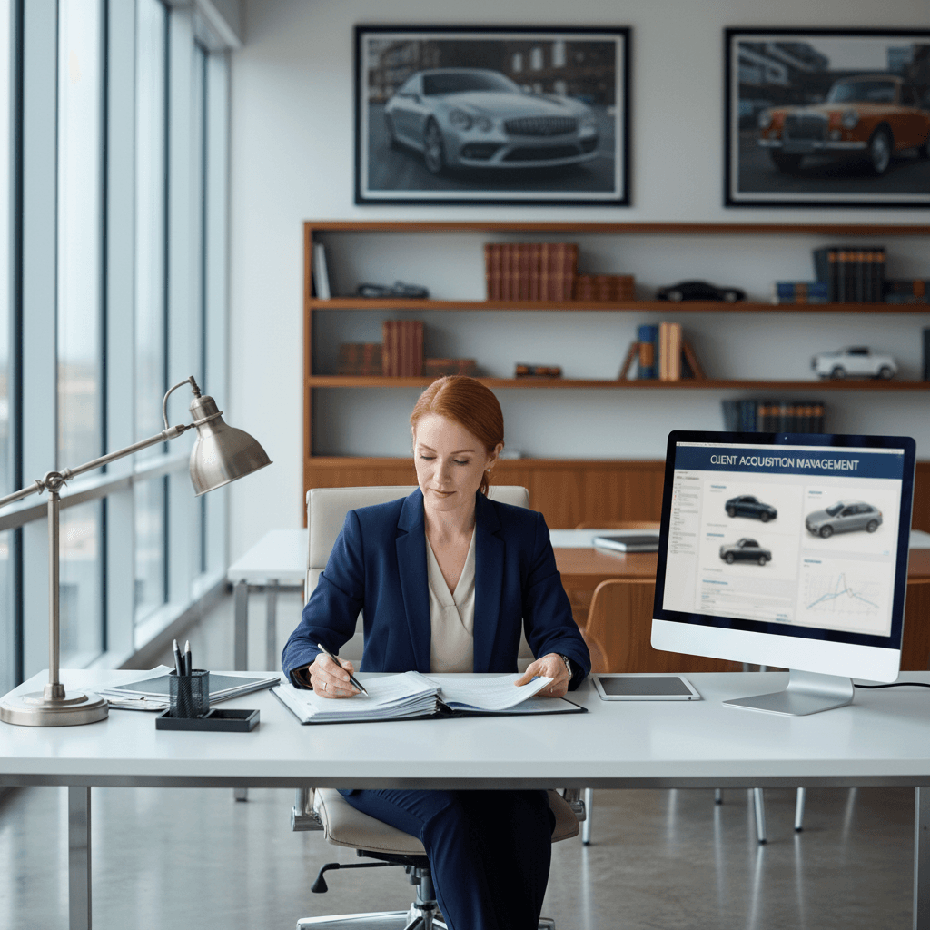 Redhead female office manager in a modern office, focused on vehicle acquisition tasks.