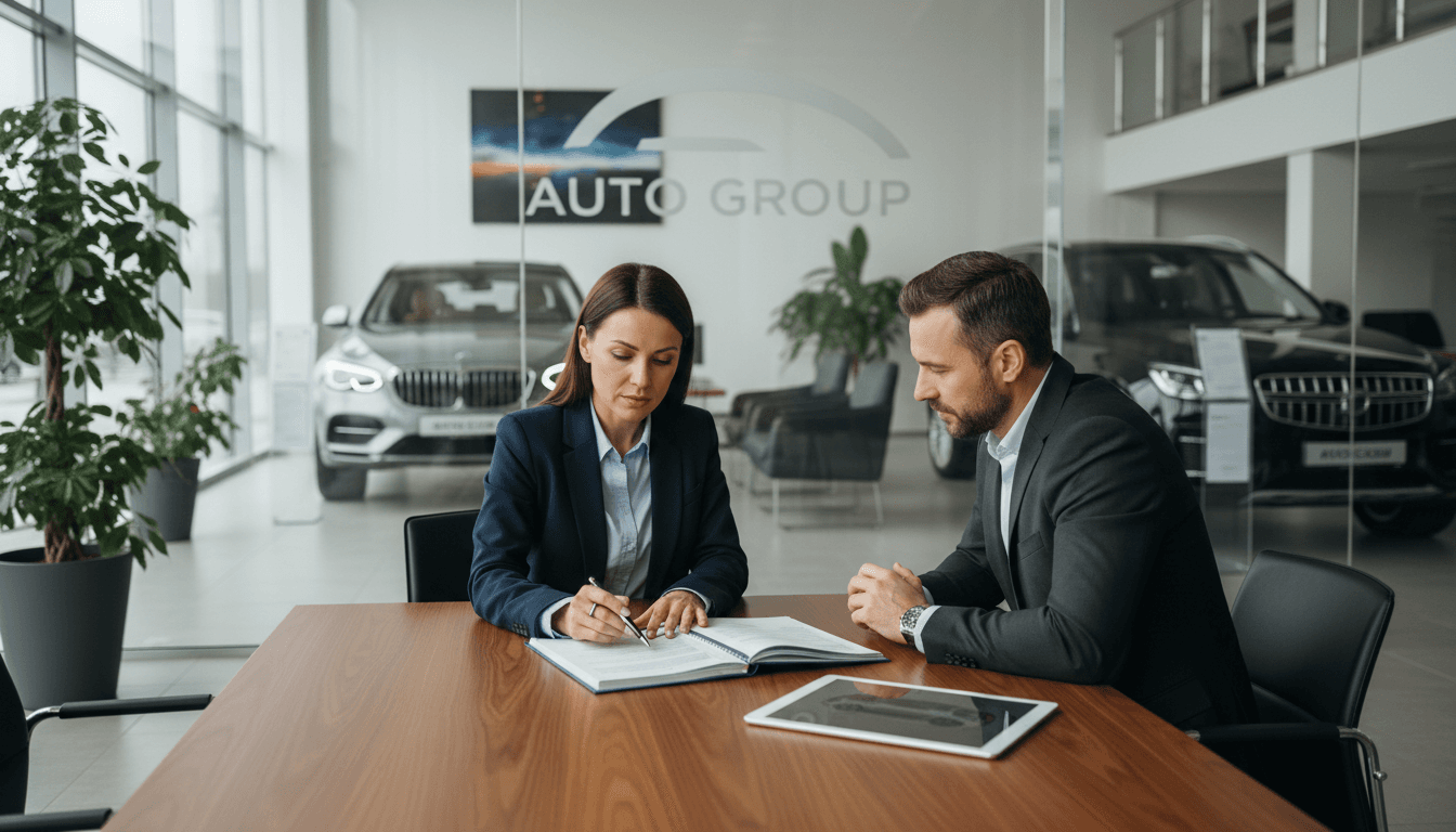 Professional automotive specialist reviewing vehicle documents with client in modern office setting