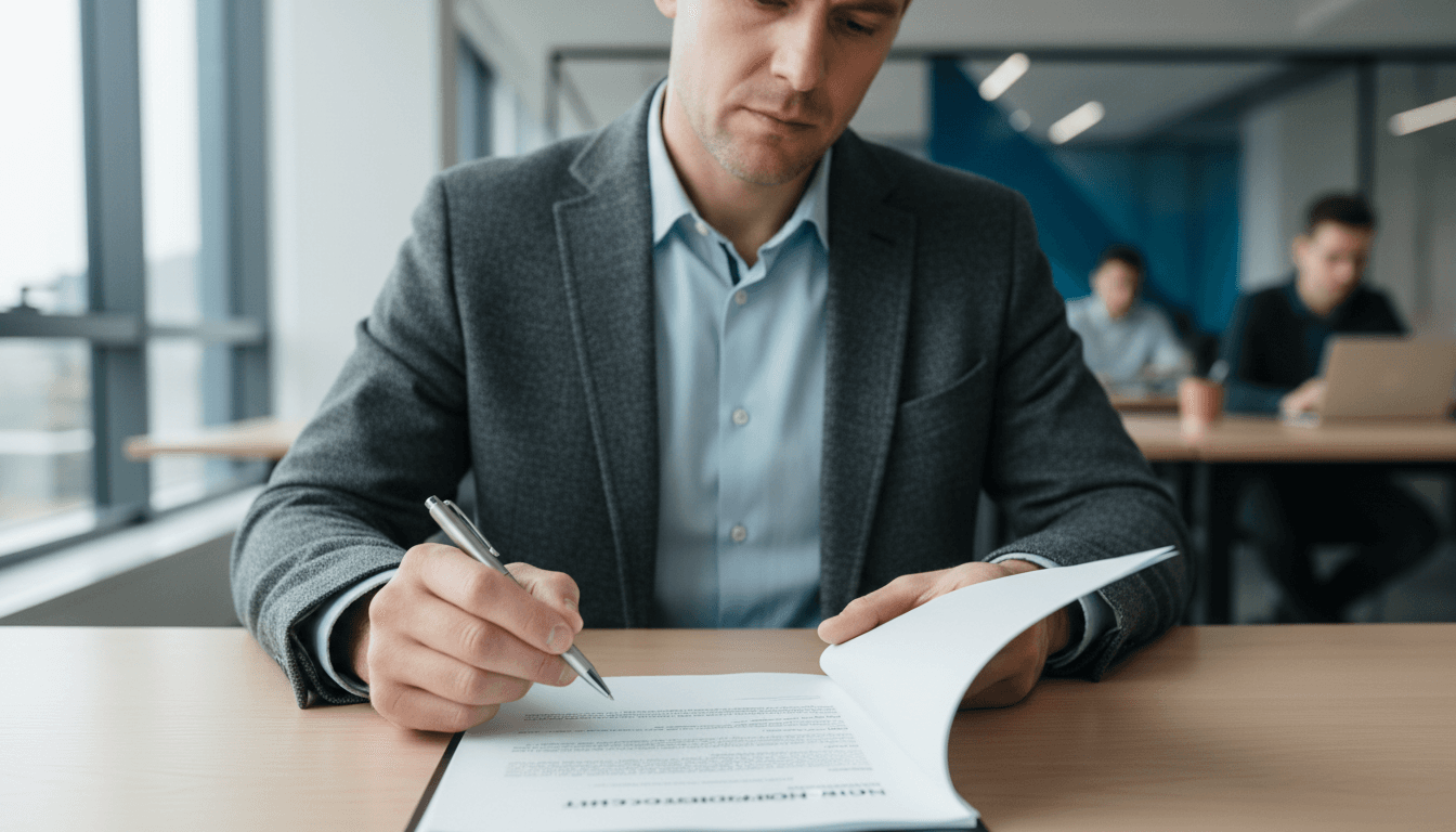 Professional reviewing a vehicle contract with a pen