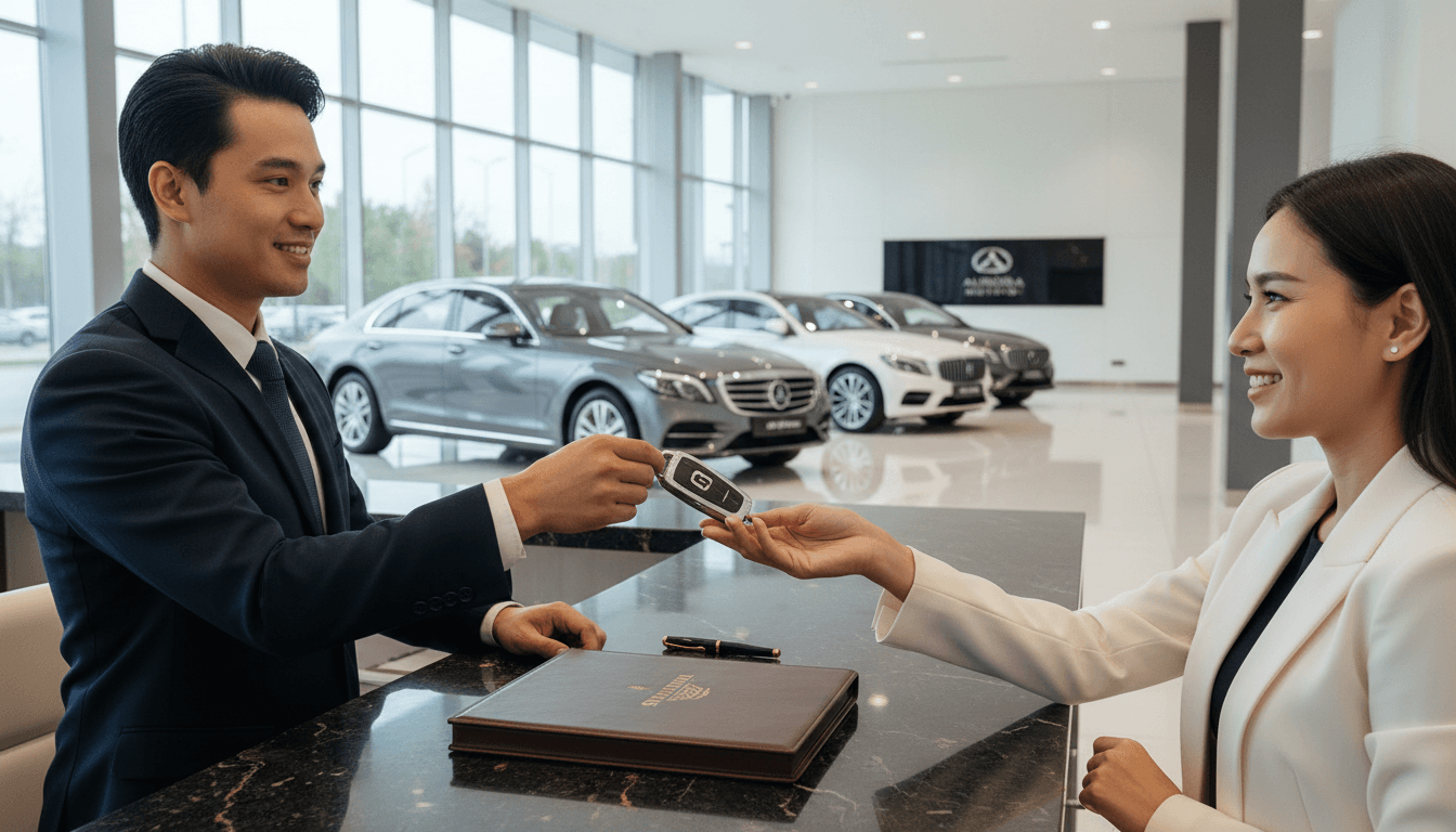 Luxury car key being handed over to a customer at a dealership service counter