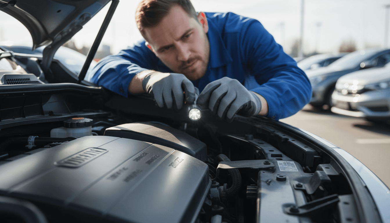 Close-up of a professional inspecting a car VIN plate on a dealership lot