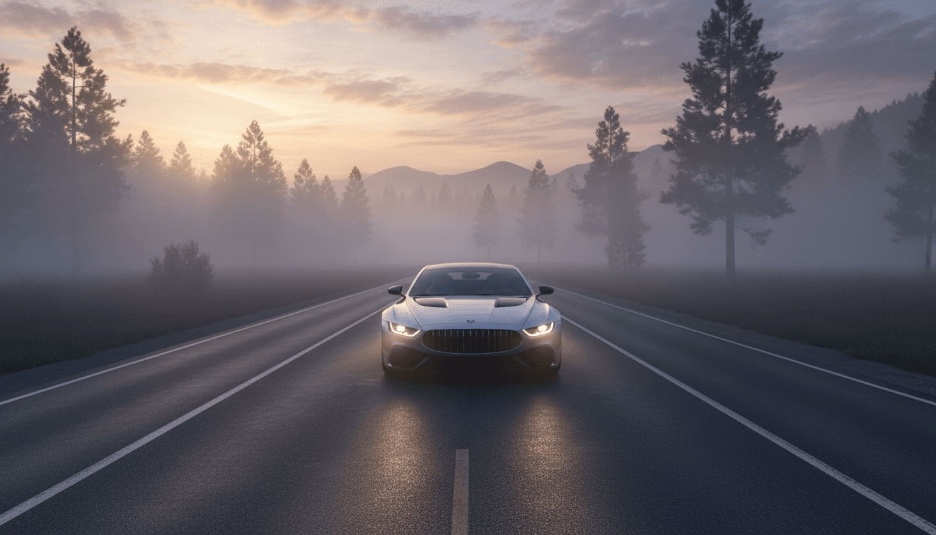 Luxury car parked on a misty open road at dawn