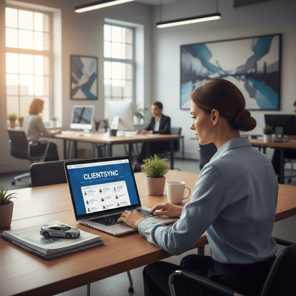 Office manager focused on laptop, coordinating automotive client acquisitions