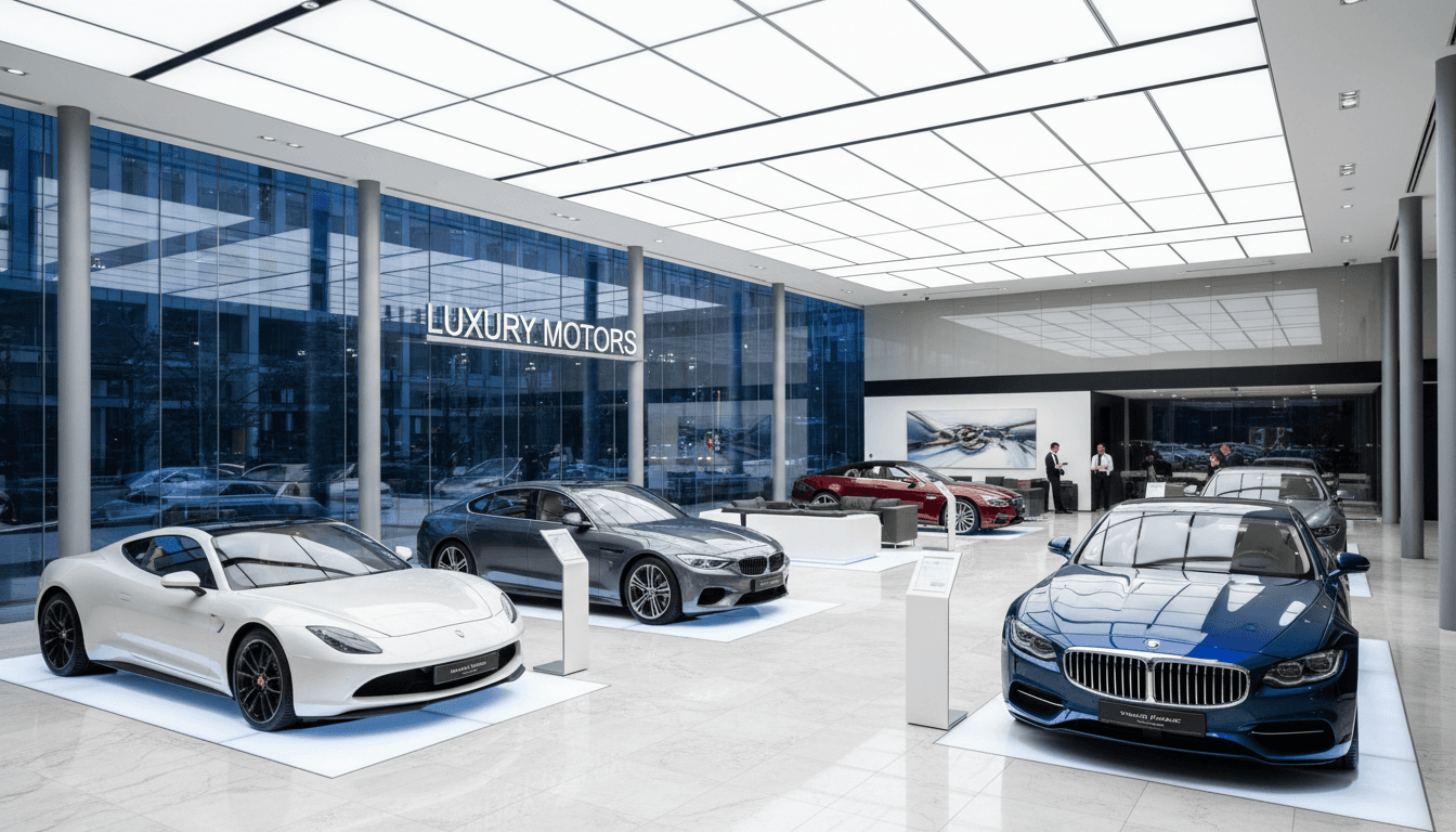 Premium vehicles lined up in a modern dealership showroom