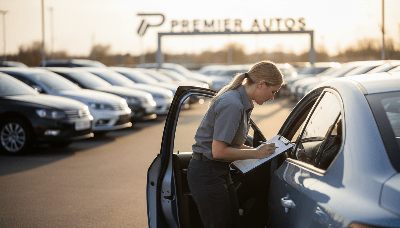 Professional inspecting a car for trade-in valuation