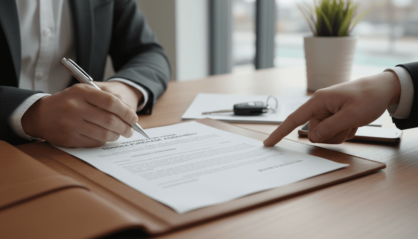 Close up of hands signing a car purchase contract on a desk with a pen