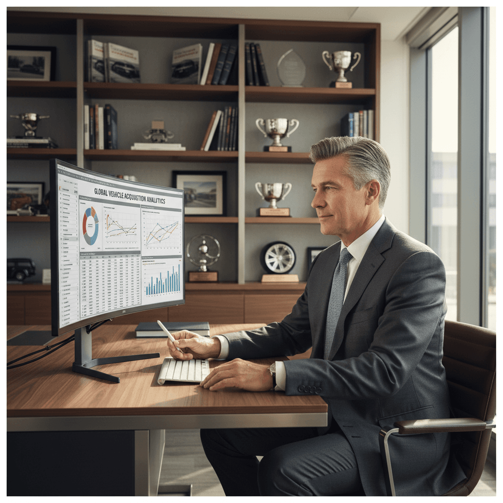 Automotive acquisition specialist in a modern office, reviewing data on a computer screen.