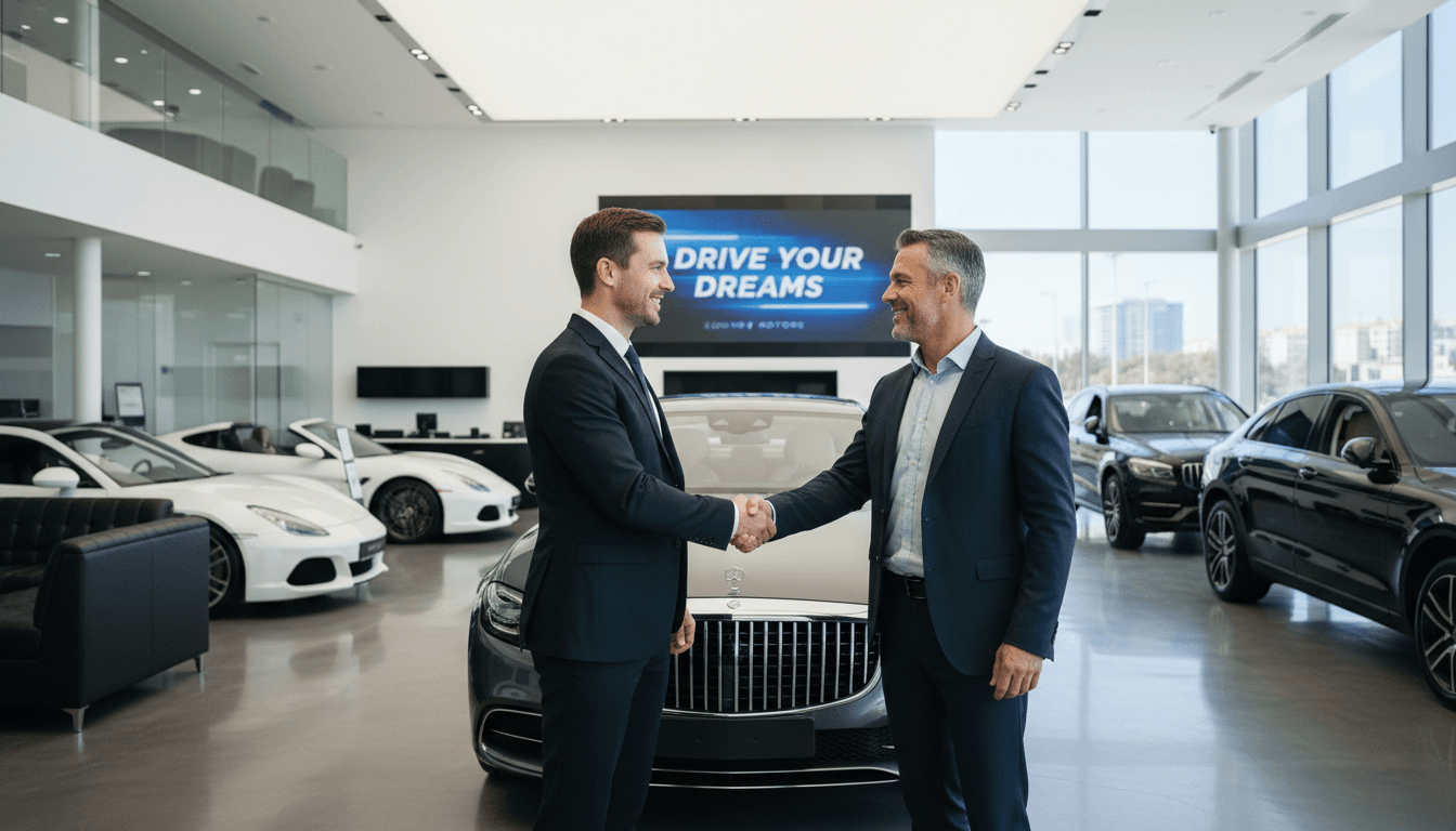 Dealership sales manager shaking hands with a satisfied customer next to a luxury sedan in a bright showroom