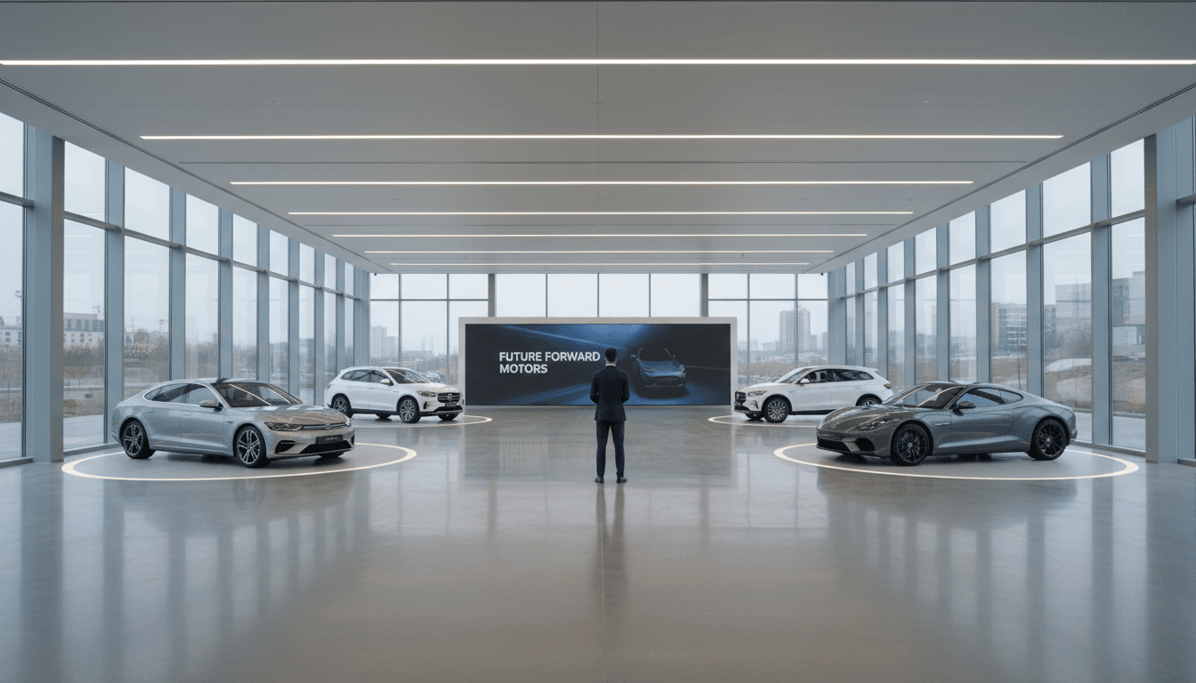 Empty dealership showroom with a consultant standing apart