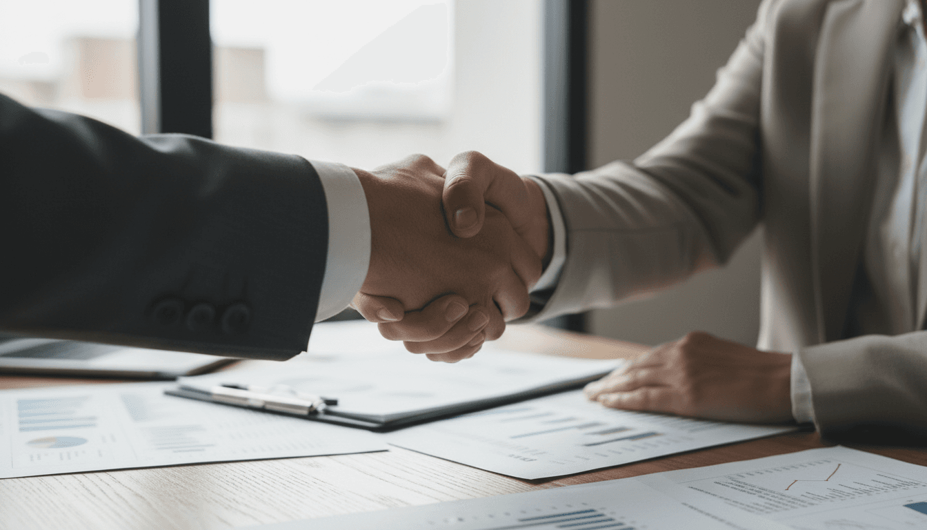 Two people shaking hands over a desk with financial documents