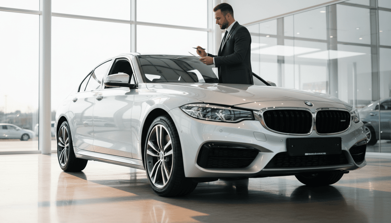Buyer's advocate reviewing vehicle paperwork beside a premium sedan in a bright showroom