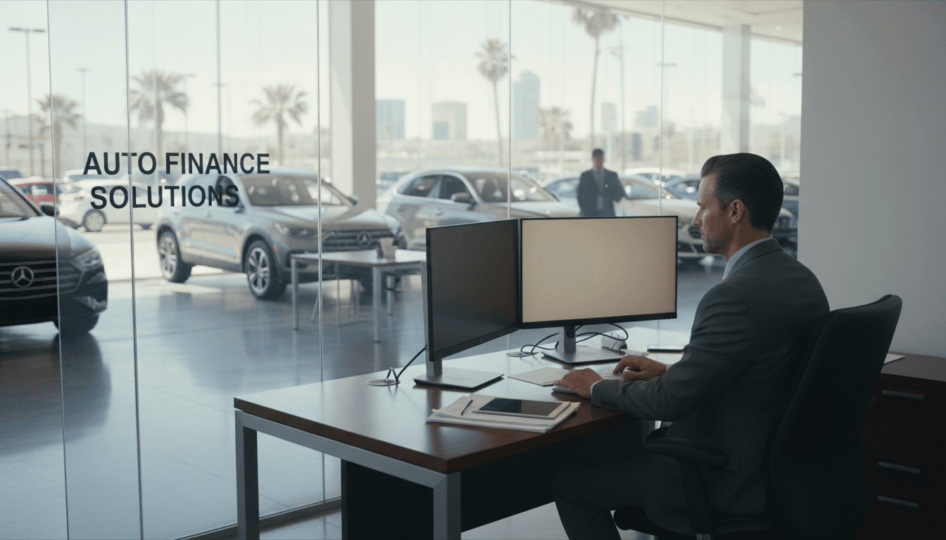 Professional auto finance manager using a computer in a glass-walled office space