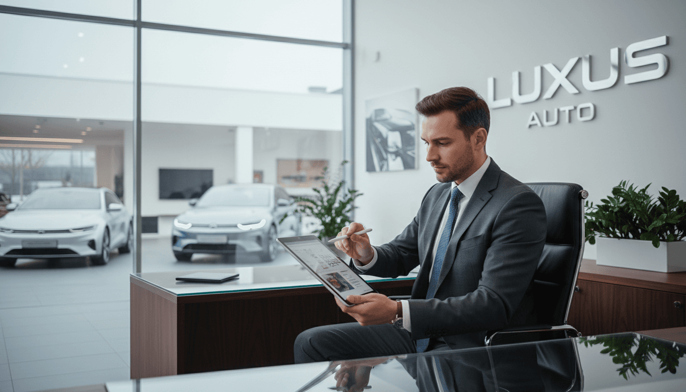Professional man in a suit reviewing documents on a tablet in a clean modern dealership office