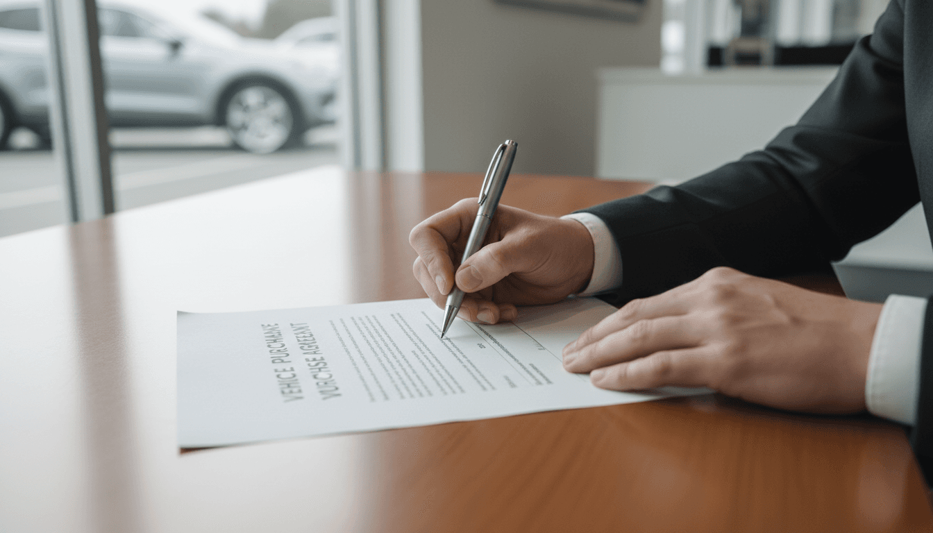 Buyer's hands signing a vehicle purchase agreement at a dealership desk