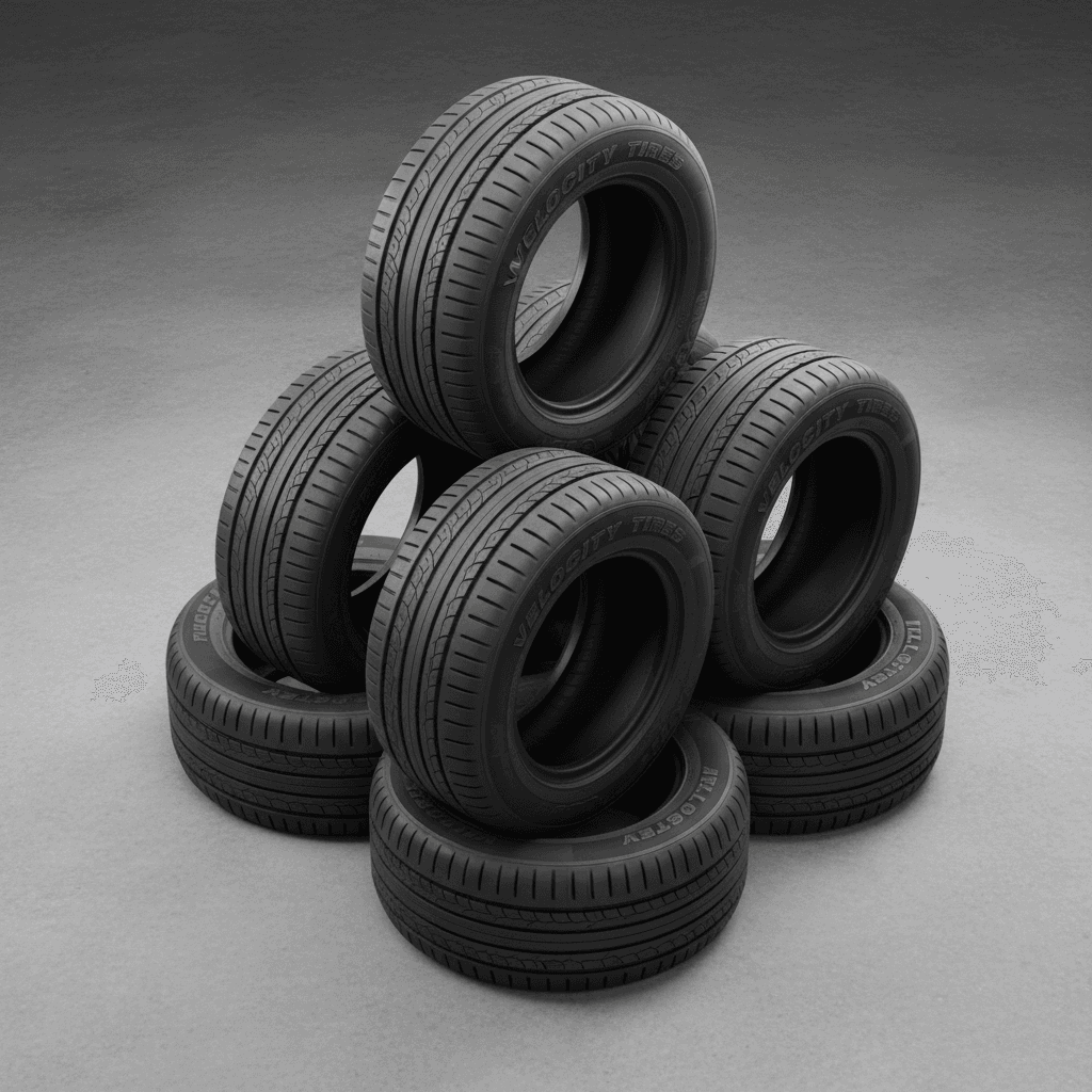 Stack of premium automobile tires arranged in pyramid formation, showcasing diverse tread patterns