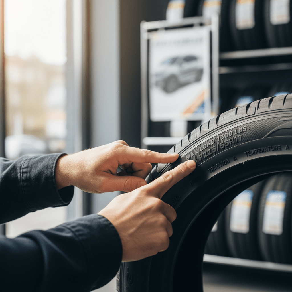 Customer examining tire sidewall specifications and load ratings with hands-on inspection