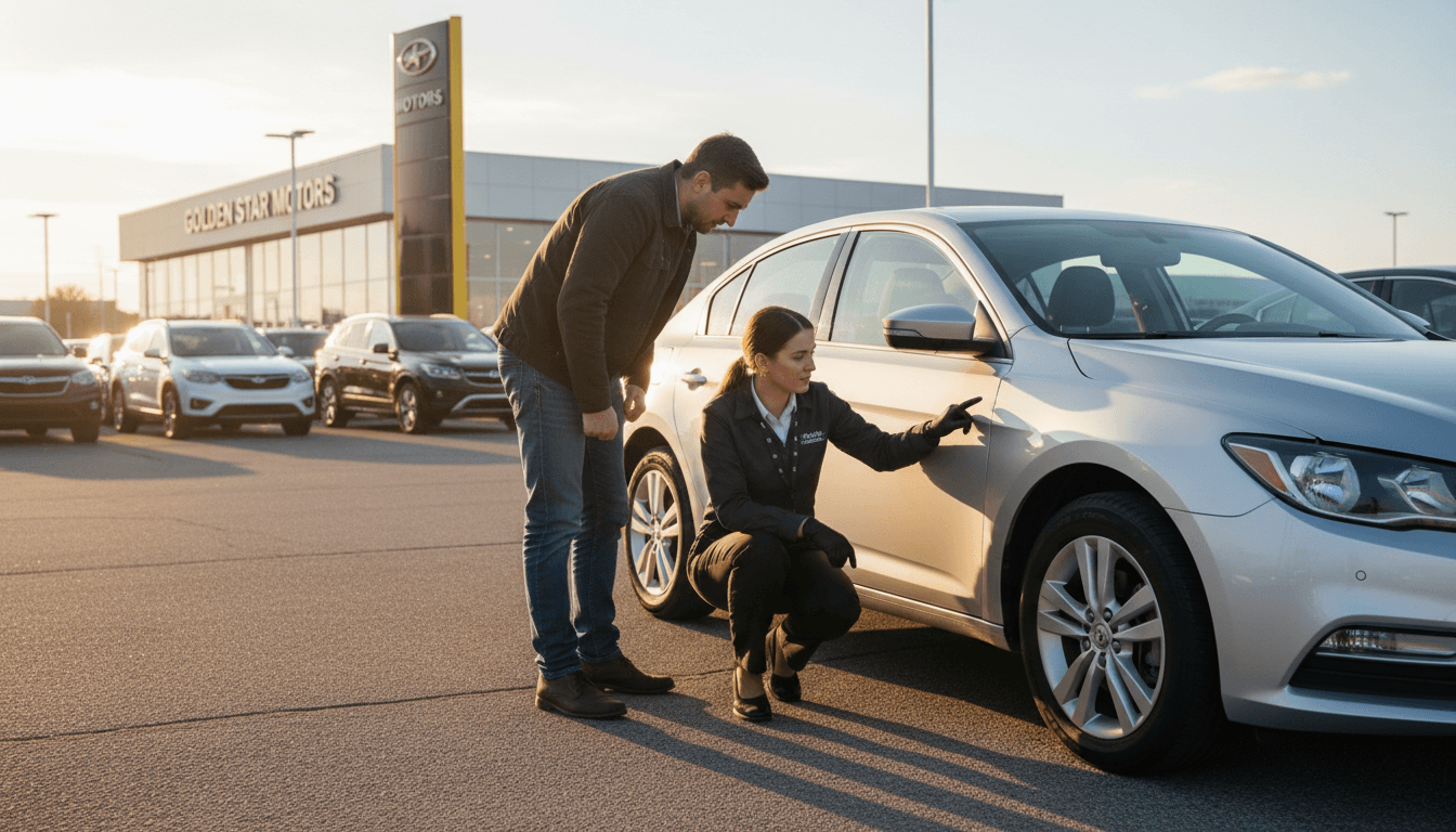 Customer and appraiser inspecting pre-owned vehicle condition in outdoor lot during trade-in evaluation process with natural daylight