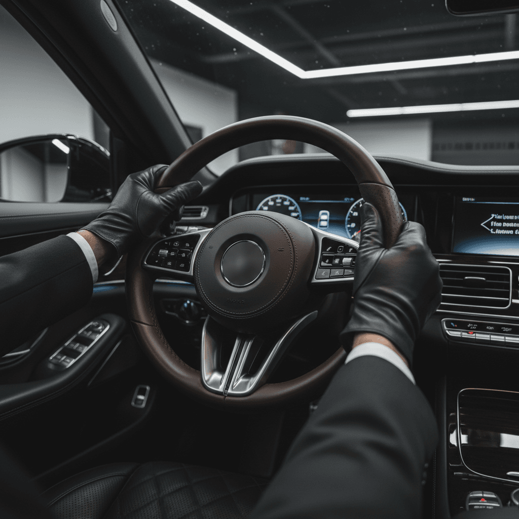 Professional chauffeur's hands on leather steering wheel of luxury sedan in dimly lit garage