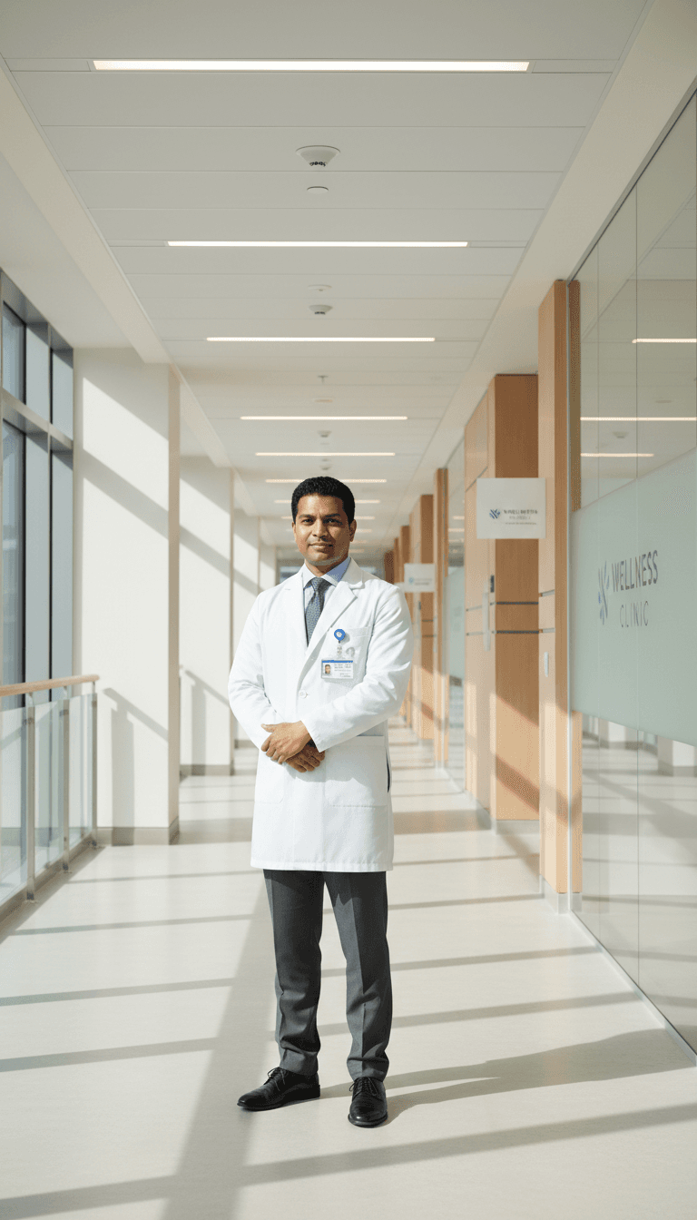 Male physician standing in modern medical facility hallway wearing white coat and professional attire