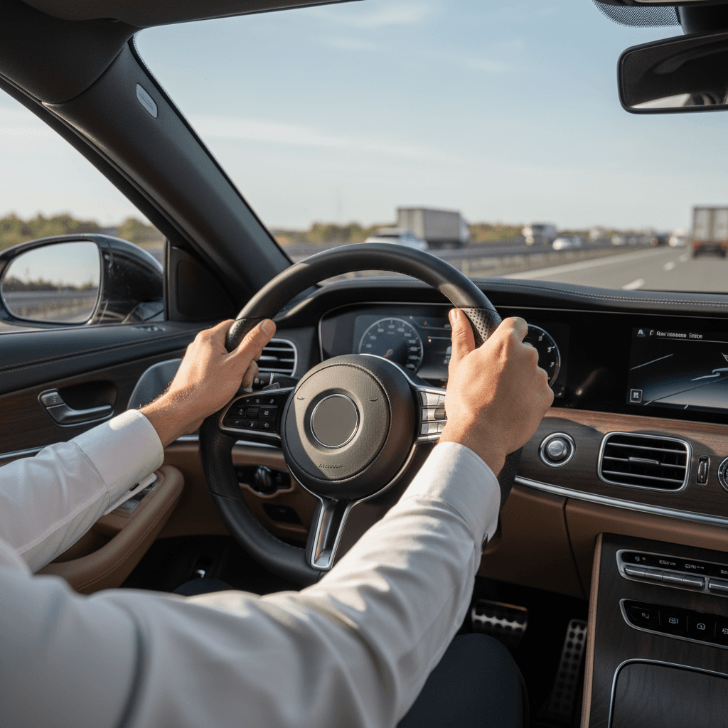 Professional driver's hands confidently positioned on leather steering wheel inside luxury sedan with natural daylight streaming through windshield