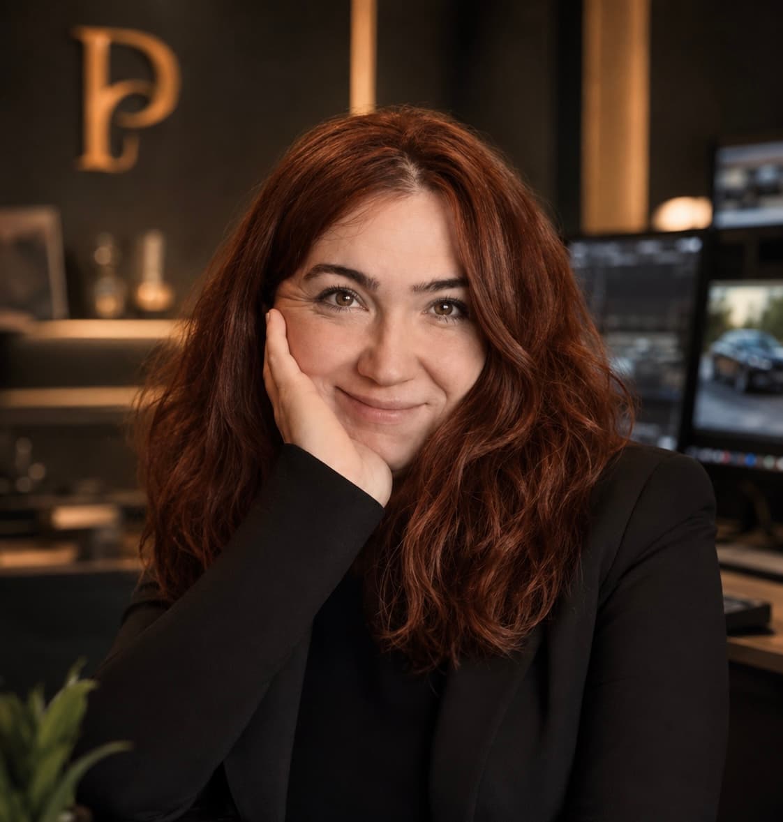 Smiling woman with wavy red hair rests her chin on her hand in an office.