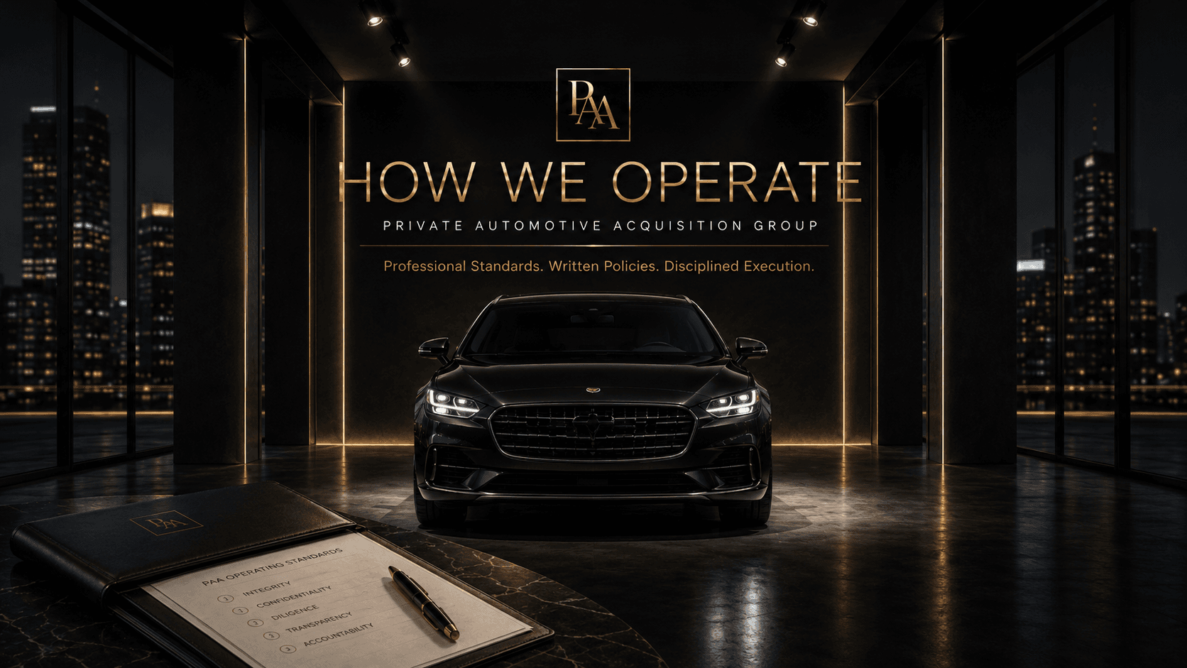 Sleek black luxury car in a dark showroom with gold text and professional operating standards.