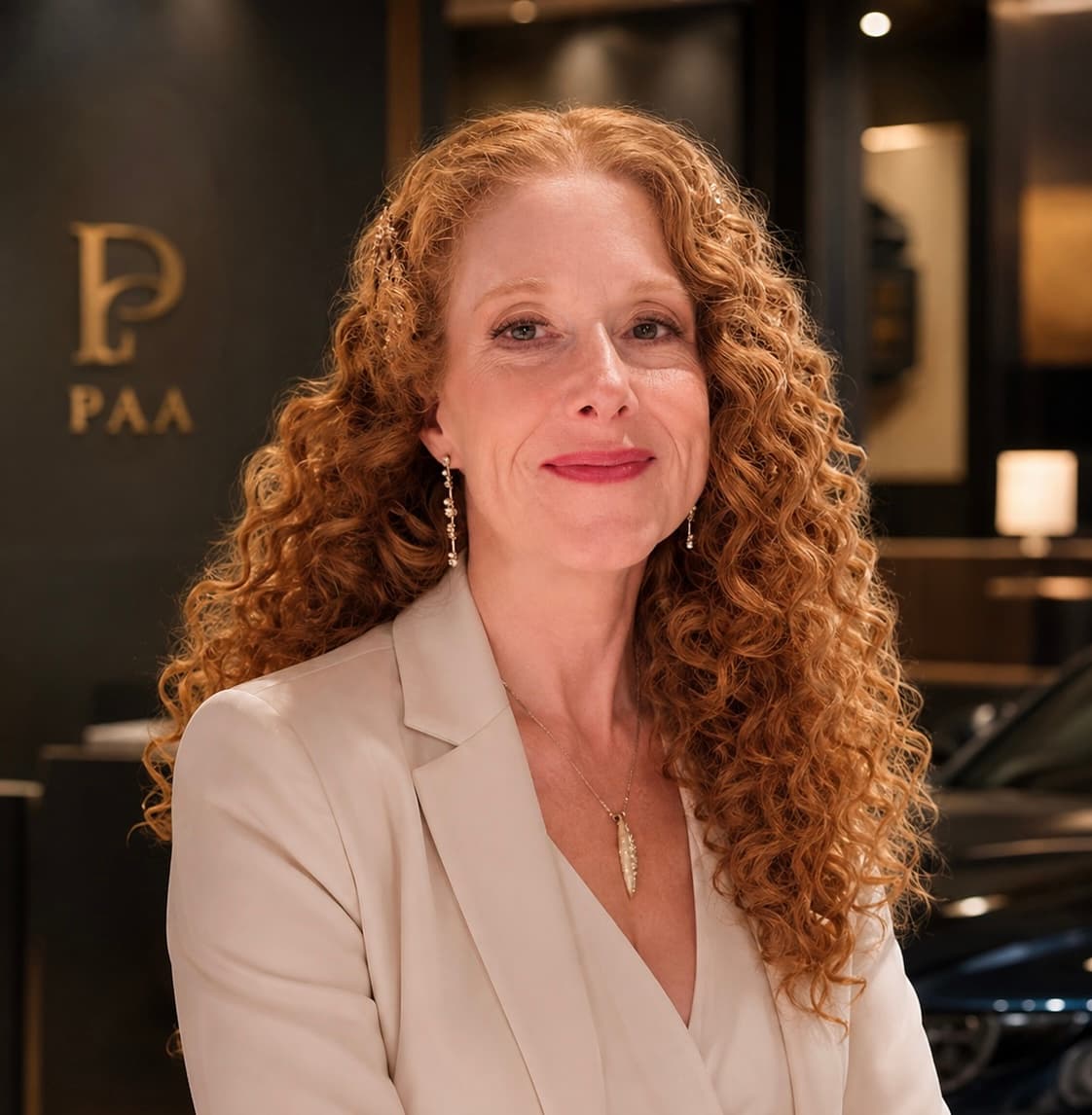 Smiling woman with voluminous curly red hair wearing a white blazer and gold jewelry.