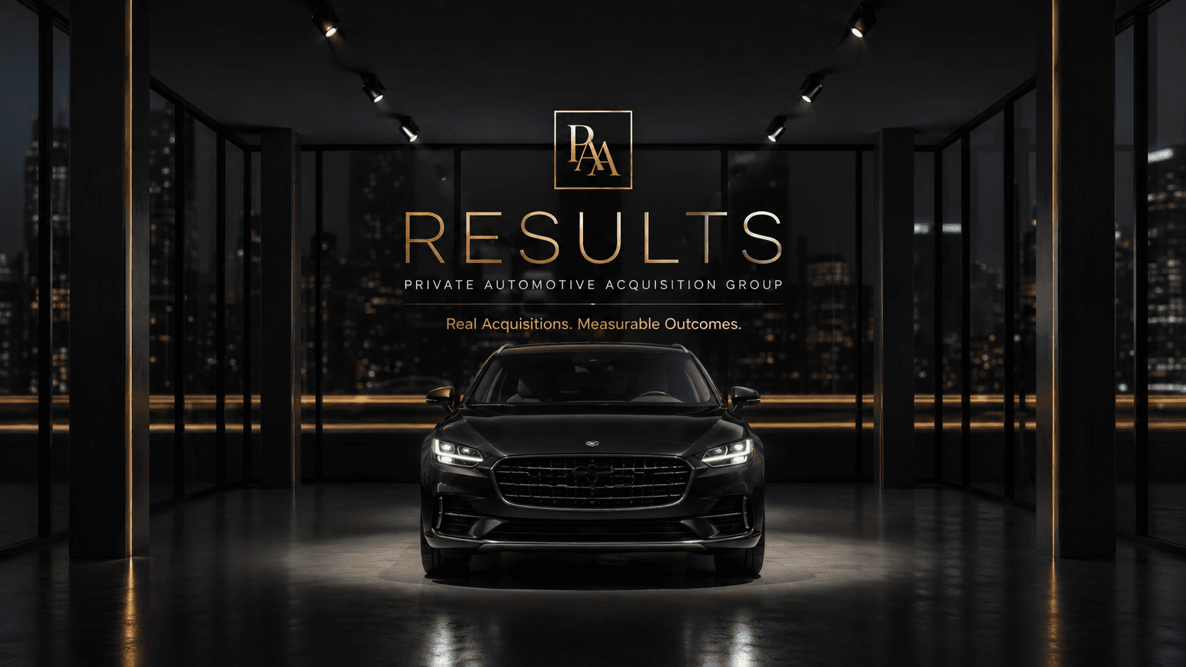 Luxury black car in a dark showroom with gold "RESULTS" text and city skyline.