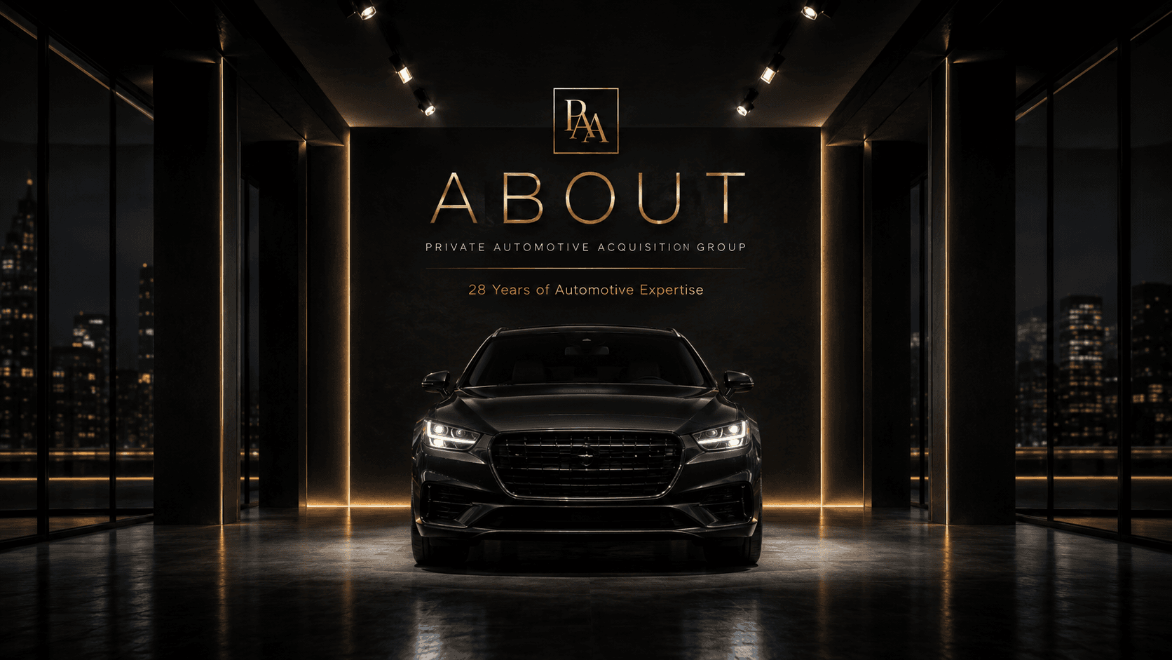 Luxury black car in a dark showroom with gold 'ABOUT' text and city skyline background.