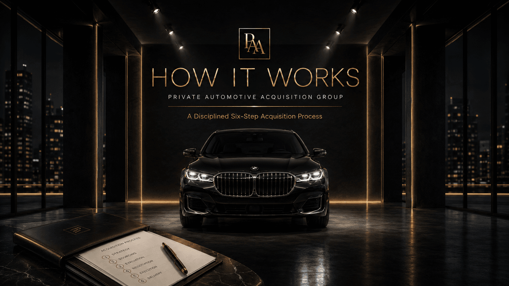 Black luxury car in a dark showroom with gold text and a six-step acquisition process.