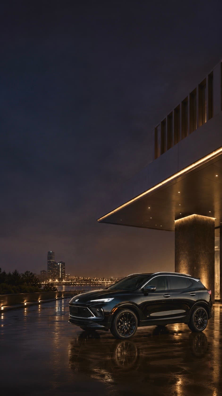 Black SUV parked on wet pavement outside a modern building with city lights at night.