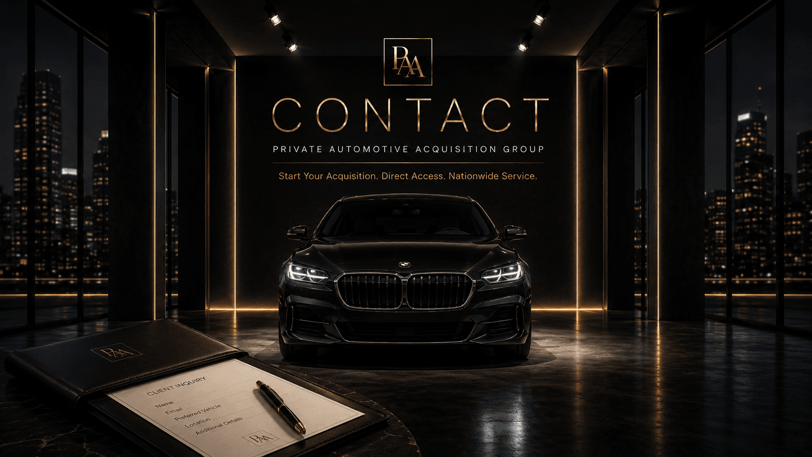 Black luxury car in a dark showroom with city views and a contact form.