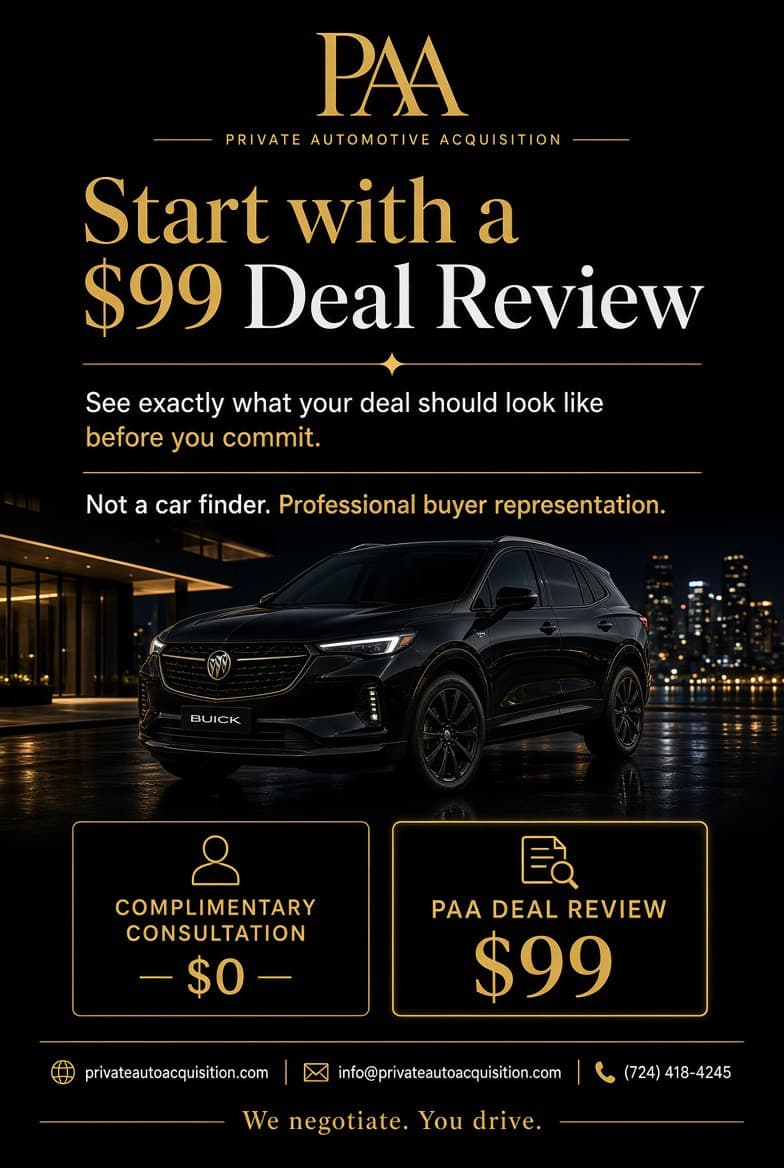 Promotional flyer for PAA offering a $99 car deal review and professional buyer representation.